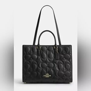 Coach Maggie Black Embossed Logo Leather TOTE Large Size NWT